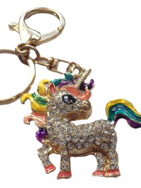 Rhinestone Studded Unicorn Bag Tag/ Key Chain/ Rainbow Tail and Mane